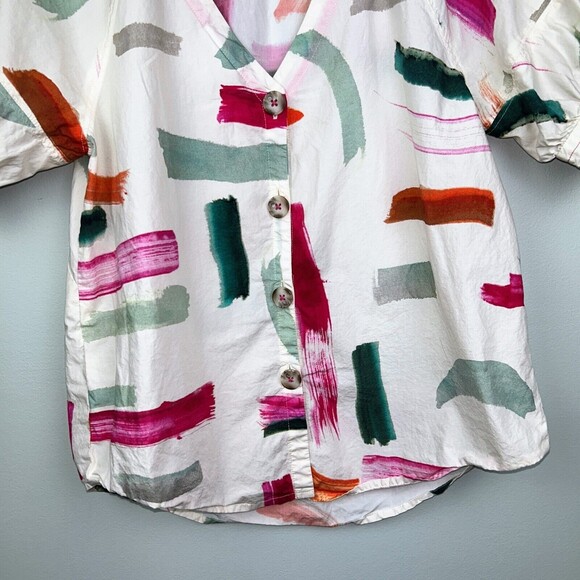 Anthropologie Aimee Clarke Art Brushstroke Button Back Puff Sleeve Top Womens XS - Picture 14 of 16